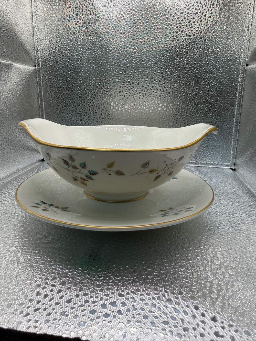 Princess White Porcelain Gravy Boat and Underplate with Gold Trim and Leaf Motif
